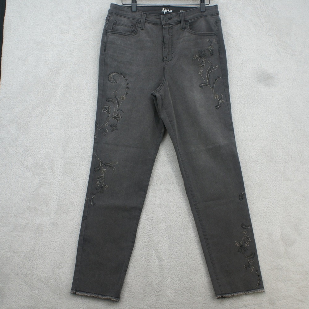 Style & Co Jeans Womens 10 Gray Rhinestone Floral Slim Leg Frayed Hem Y2K